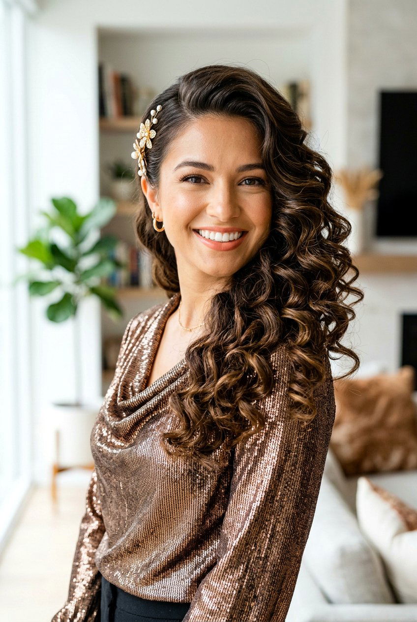 Side Swept Curls With Accessories - 20 festive curls hairstyle - 20 festive curls hairstyle
