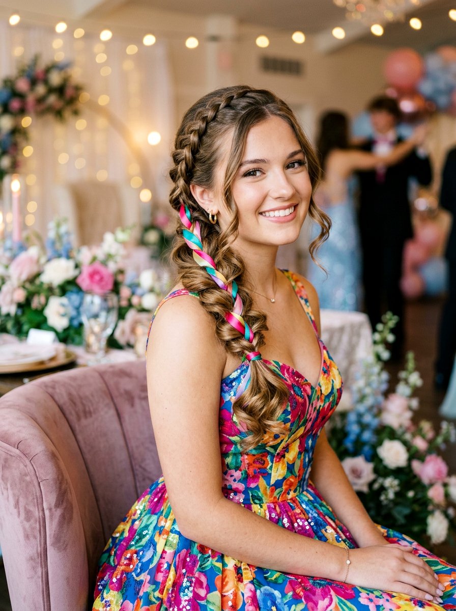 Side Swept Curls With Braid And Ribbon - 20 prom side swept curls hairstyle - 20 prom side swept curls hairstyle