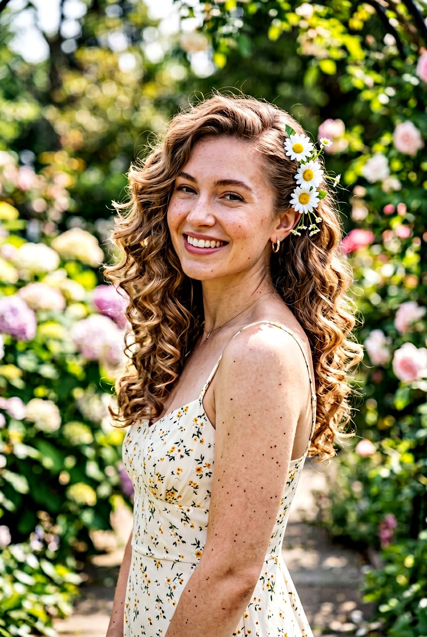 Side Swept Curls With Daisy Flower Pins - 20 bridal hairstyle with floral pins - 20 bridal hairstyle with floral pins