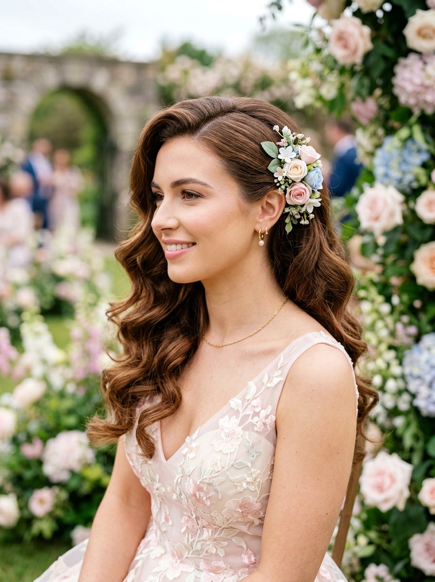 Side Swept Curls With Floral Accessories - 20 prom side swept curls hairstyle - 20 prom side swept curls hairstyle