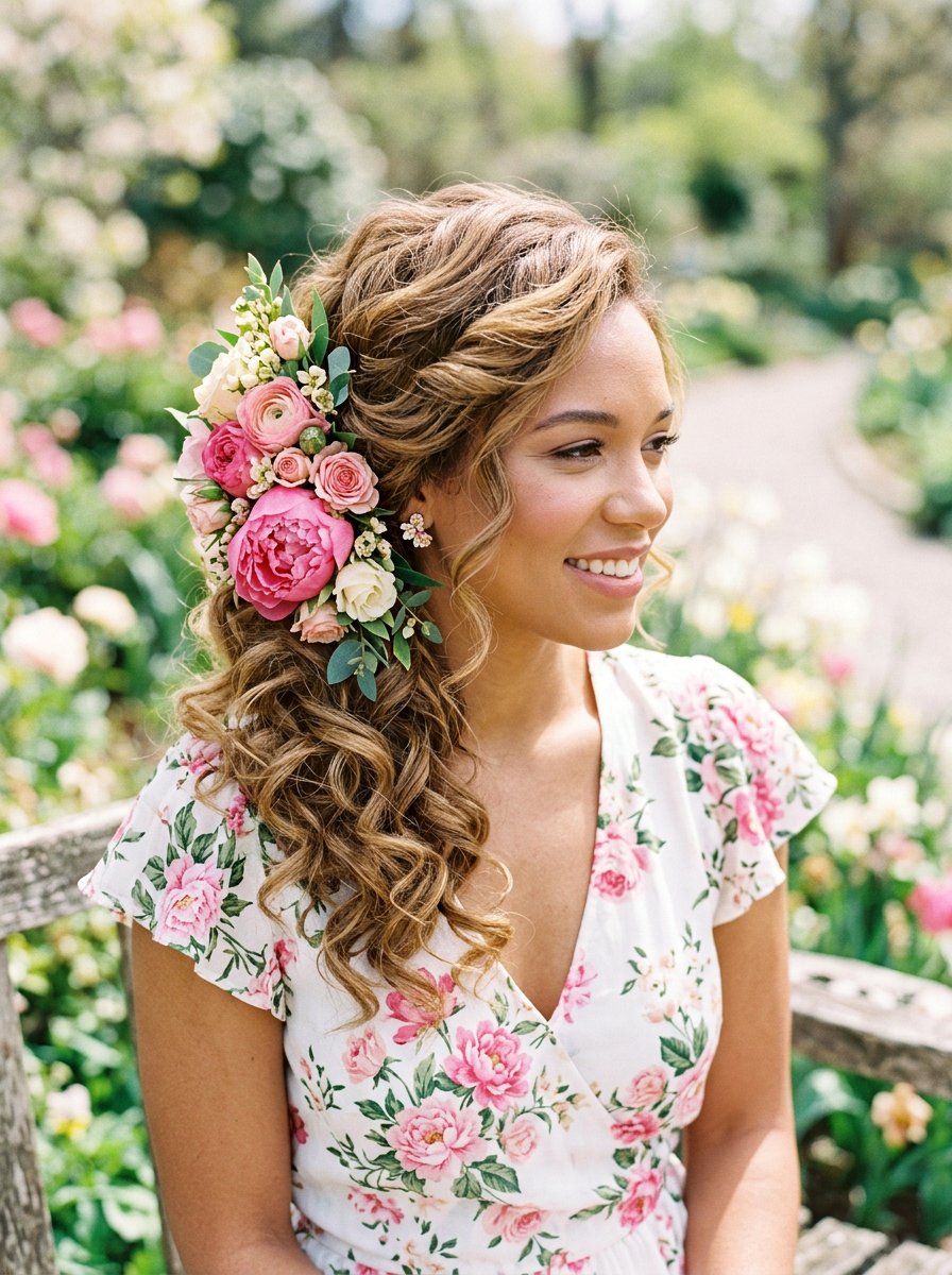 Side Swept Curls With Floral Hairpiece - 20 side swept curls for bride - 20 side swept curls for bride