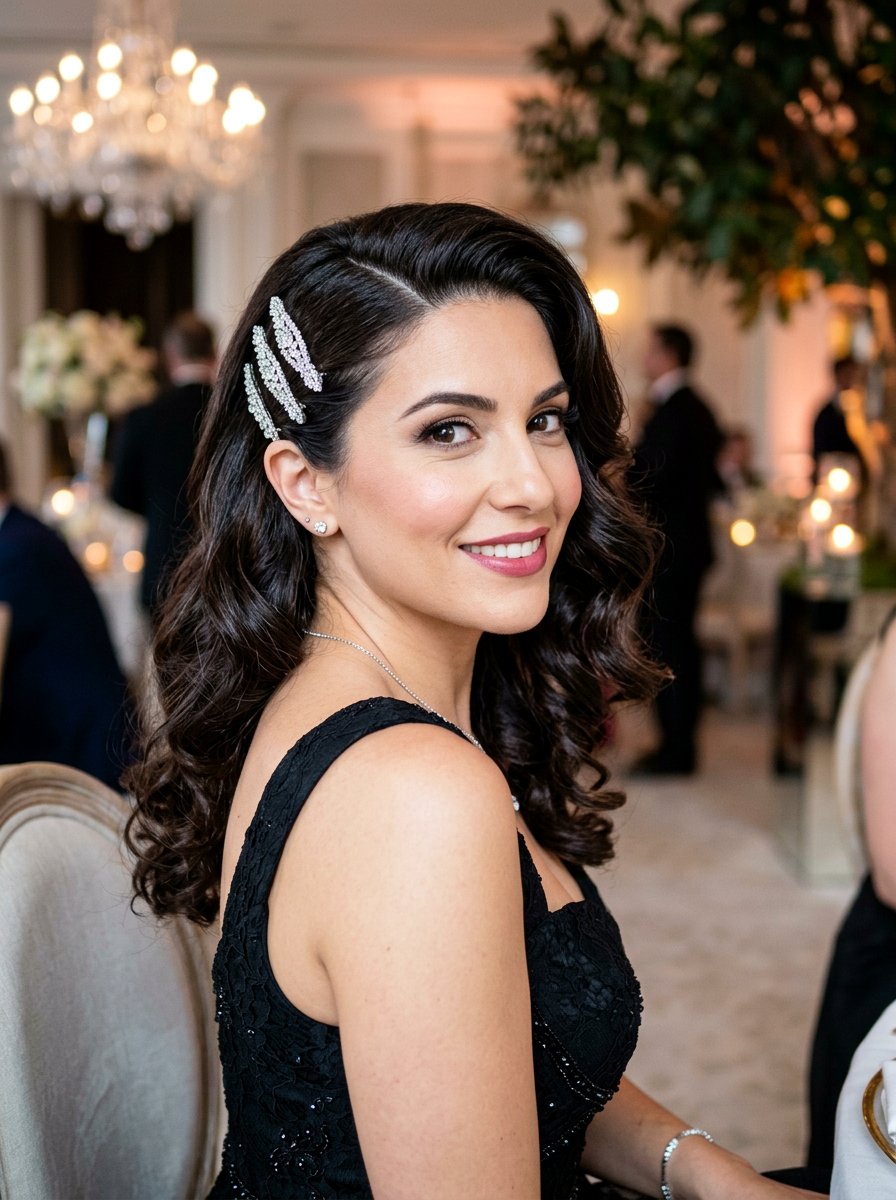 Side Swept Curls With Jeweled Clips - 20 recital hairstyles for curly hair - 20 recital hairstyles for curly hair