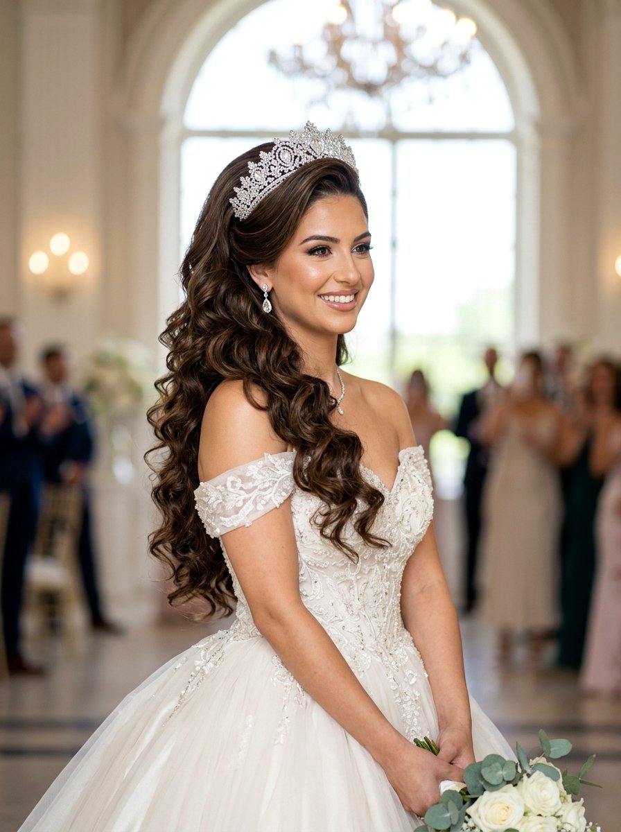 Side Swept Curls With Tiara - 20 side swept curls for bride - 20 side swept curls for bride