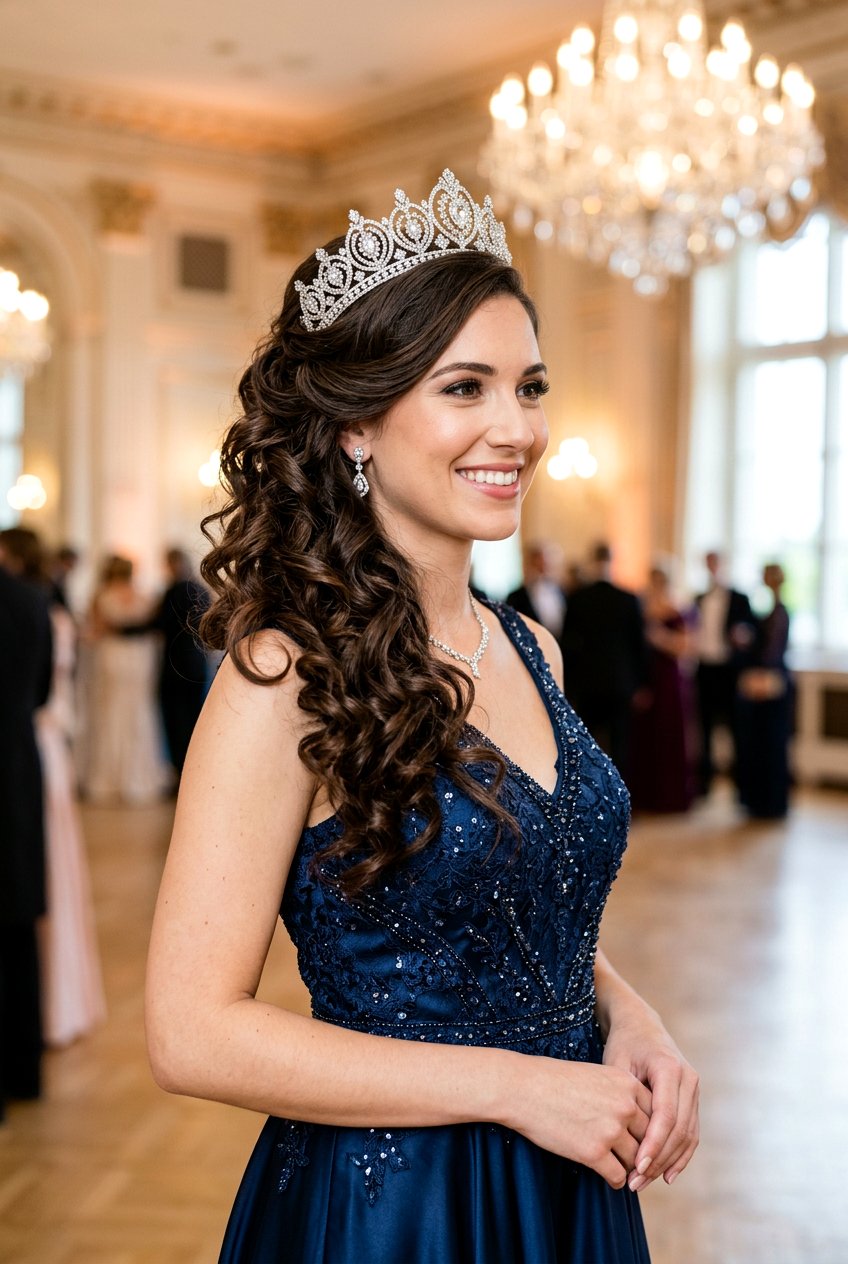 Side Swept Curls With Tiara - 20 birthday hairstyle with side curls - 20 birthday hairstyle with side curls