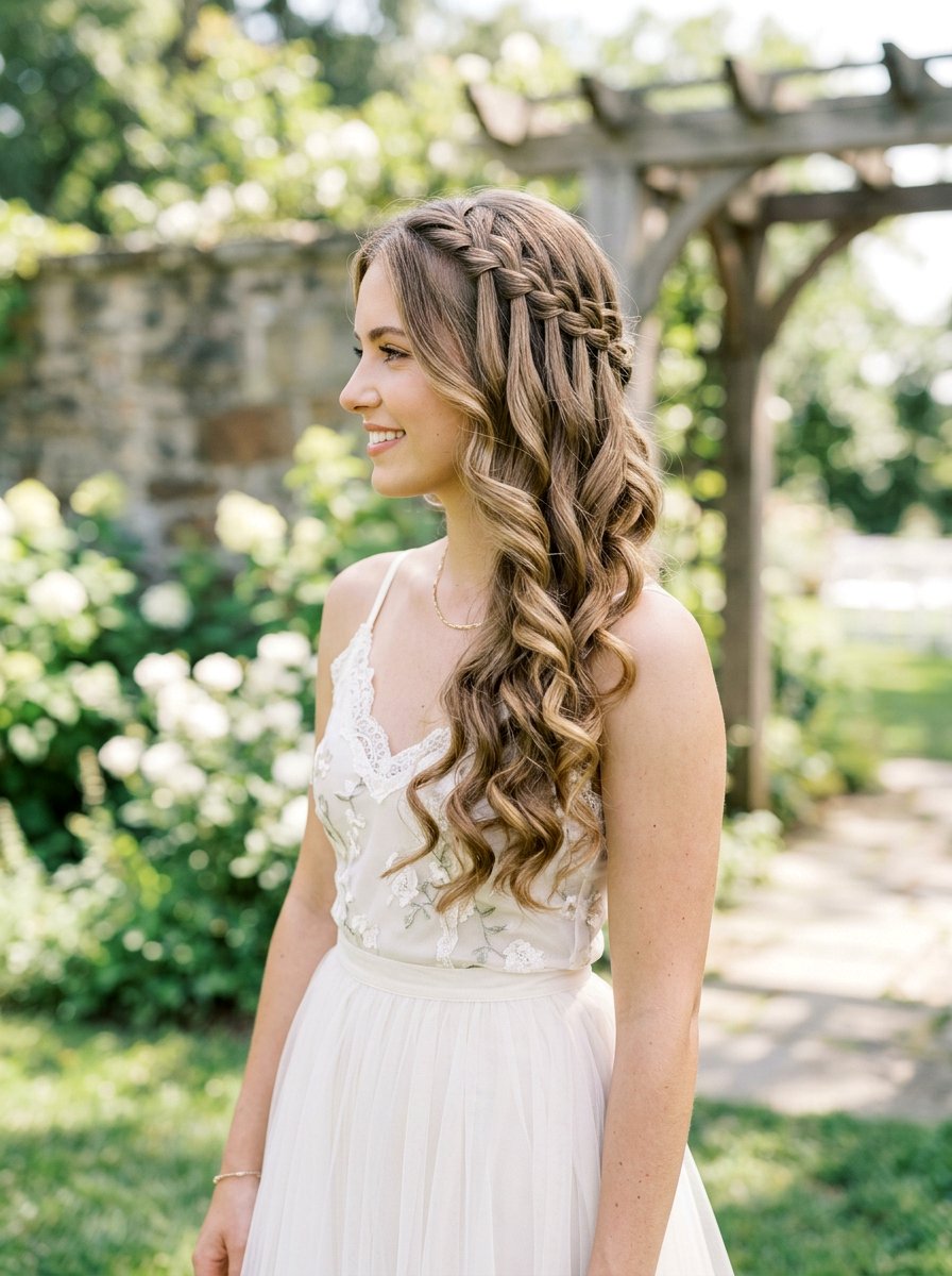 Side Swept Curls With Waterfall Braid - 20 prom side swept curls hairstyle - 20 prom side swept curls hairstyle