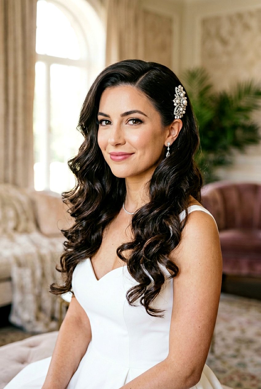 Side Swept Curls - 20 bridal hairstyle for long curly hair - 20 bridal hairstyle for long curly hair