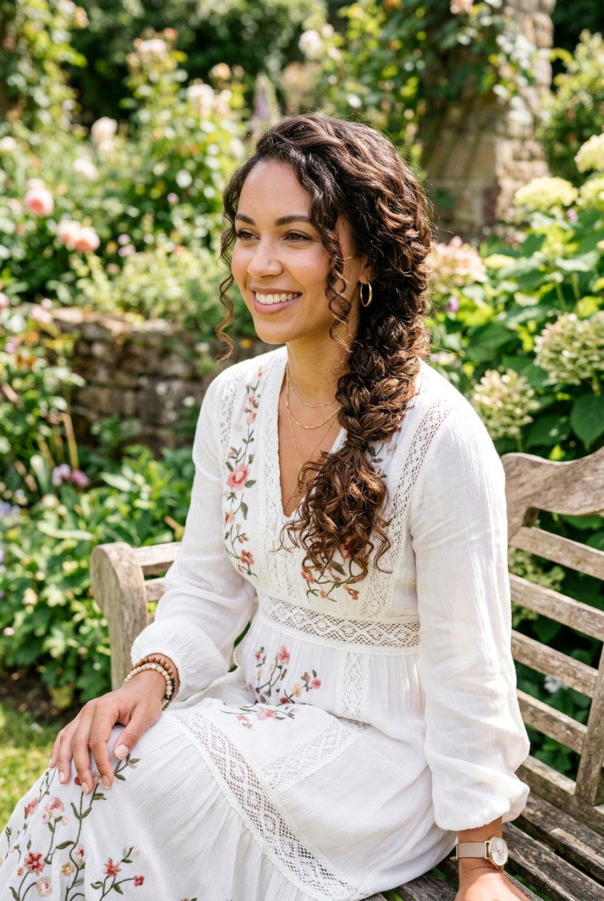 Side Swept Curly Braid - 20 beach hairstyle for long curly hair - 20 beach hairstyle for long curly hair