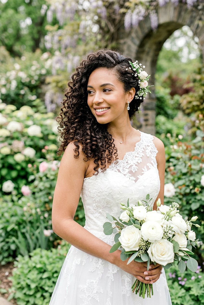 Side Swept Curly Bridal Hairstyle - 20 bridal hairstyle for curly veil look - 20 bridal hairstyle for curly veil look