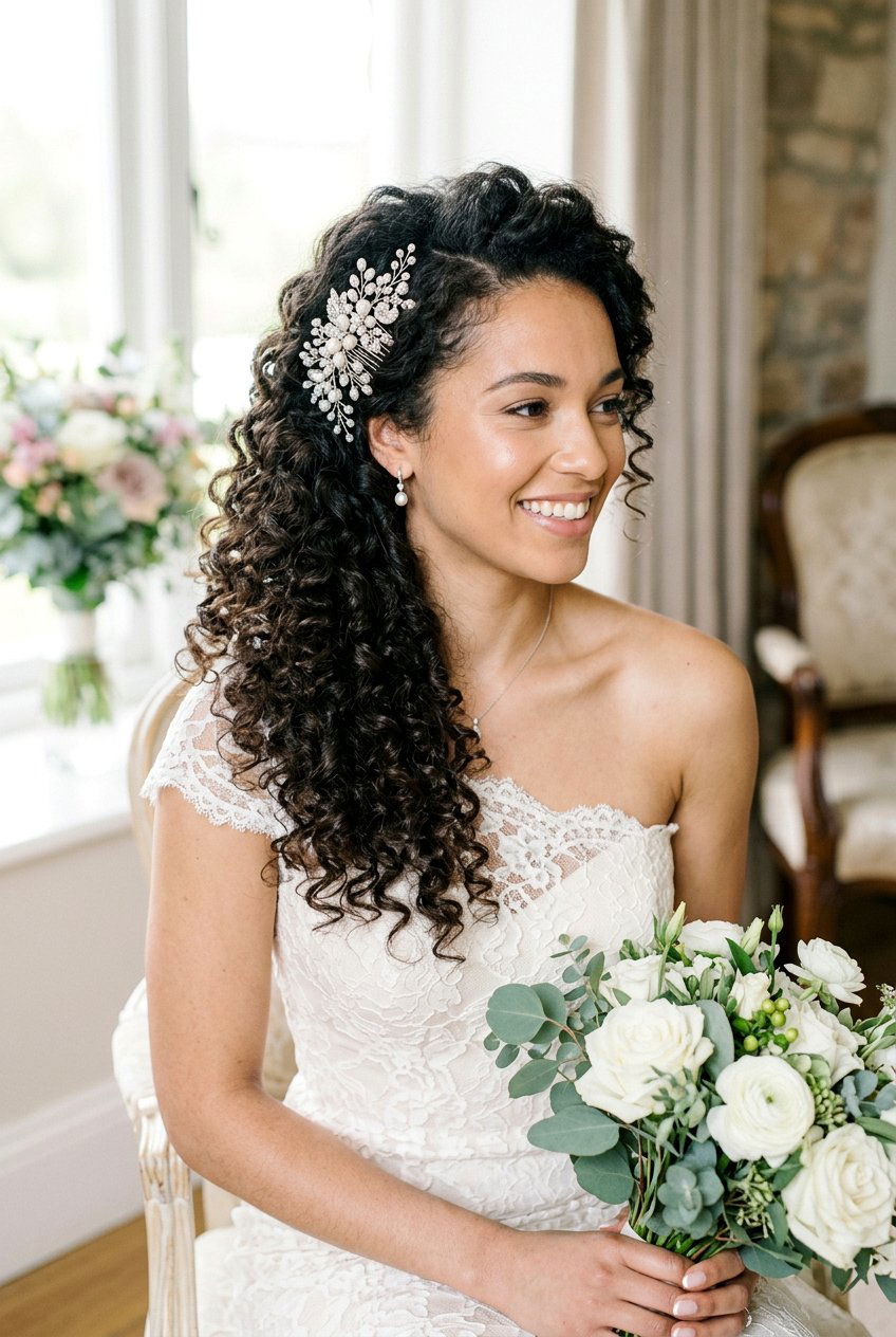 Side Swept Curly Bridal Hairstyle - 20 black women bridal hairstyle ideas - 20 black women bridal hairstyle ideas