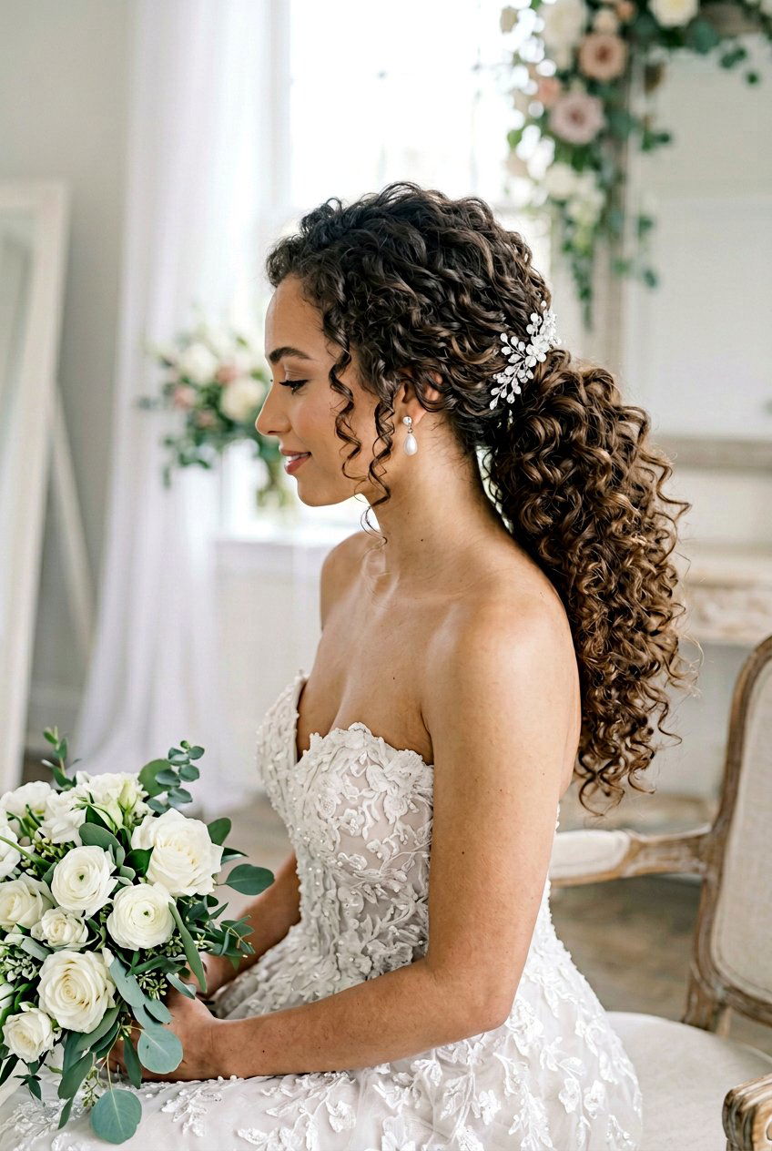Side Swept Curly Bridal Ponytail - 20 bridal hairstyle for shoulder length curls - 20 bridal hairstyle for shoulder length curls