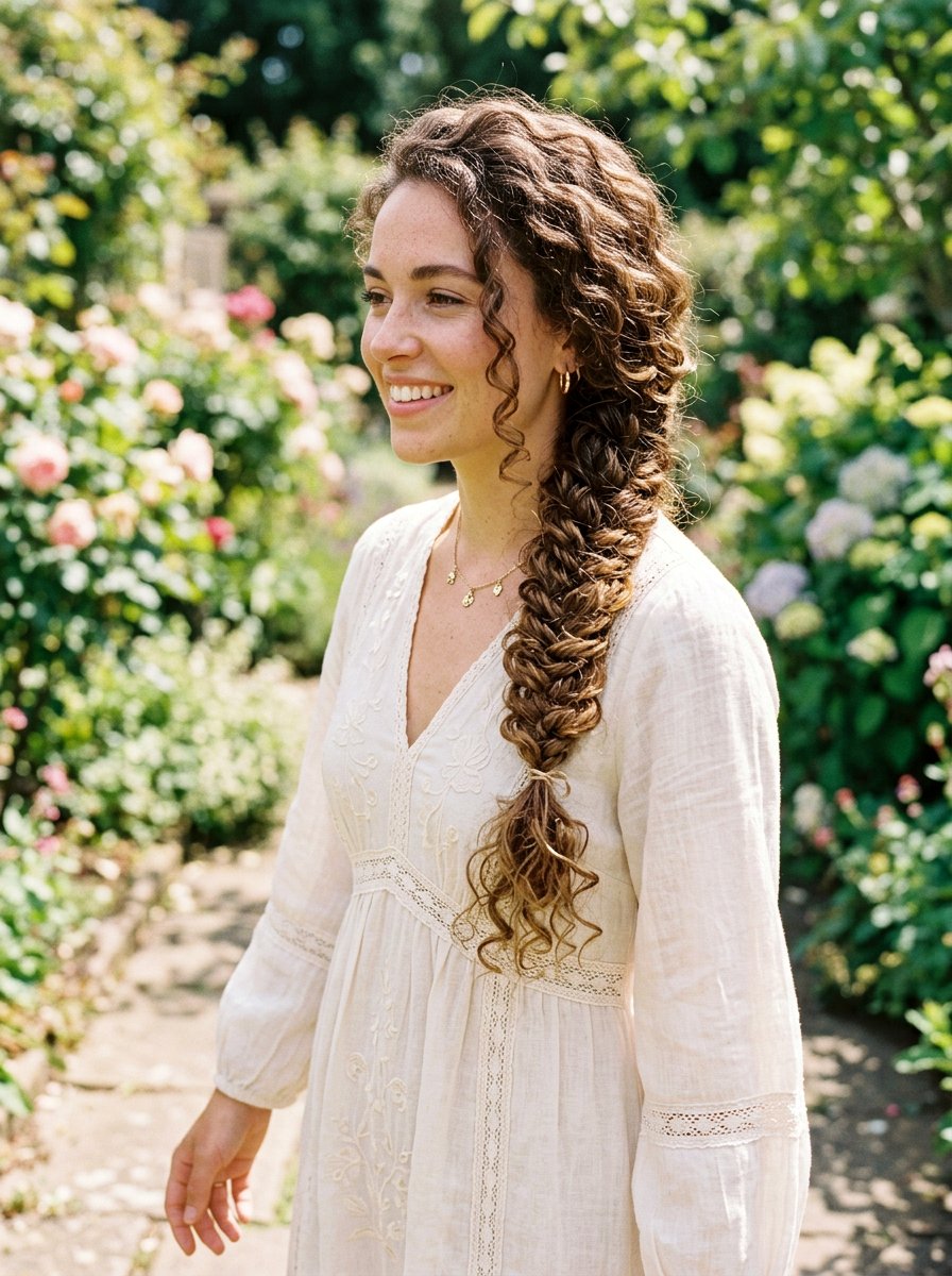 Side Swept Curly Fishtail Braid - 20 prom side swept curls hairstyle - 20 prom side swept curls hairstyle