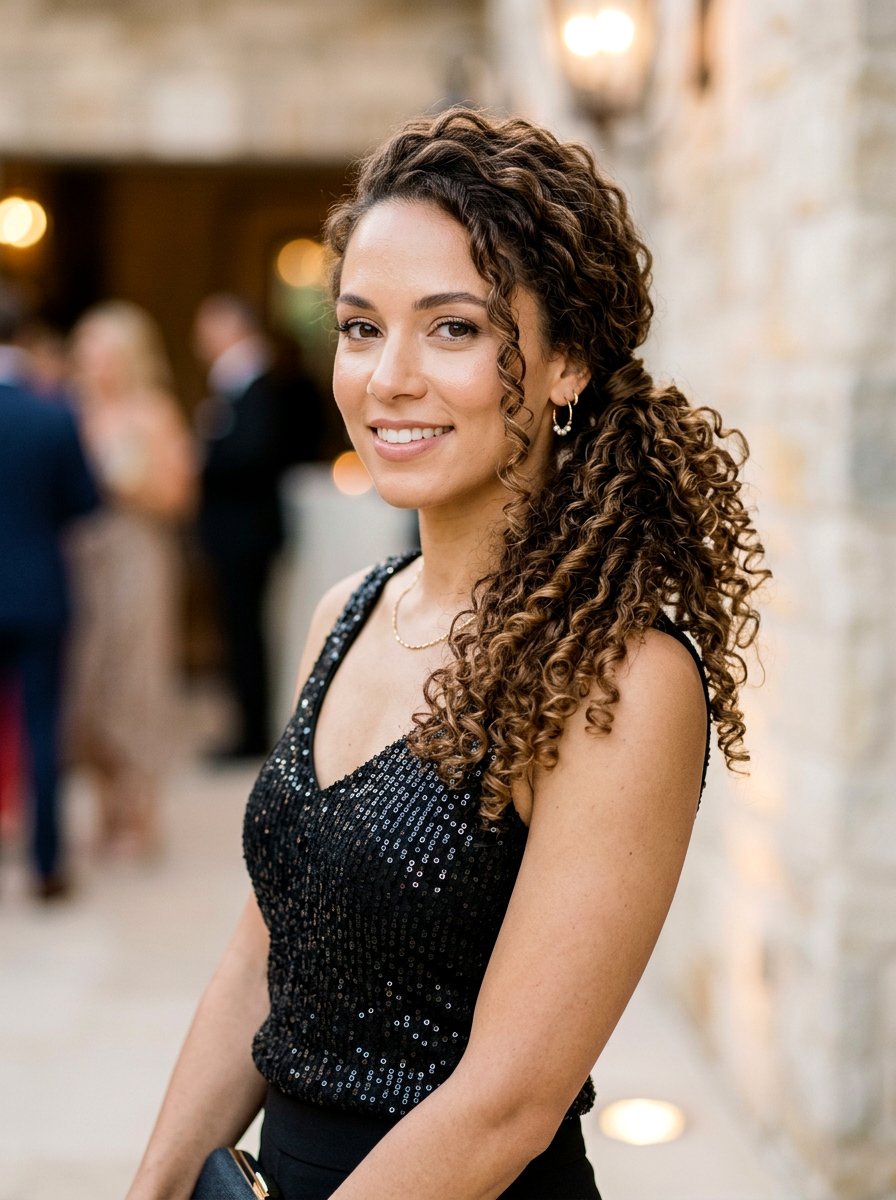 Side Swept Curly Ponytail - 20 date night hairstyle for curly hair women - 20 date night hairstyle for curly hair women