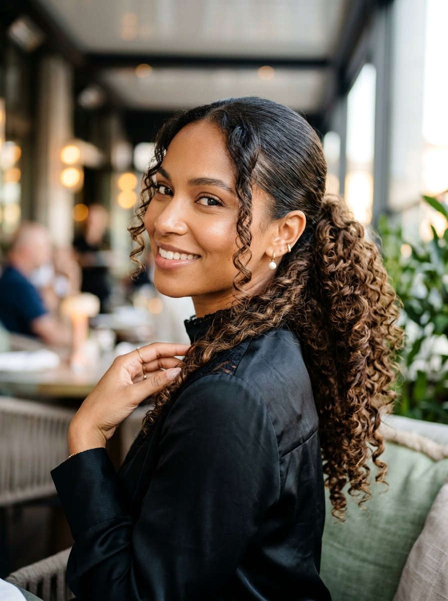 Side Swept Curly Ponytail - 20 quick hairstyle for medium curls - 20 quick hairstyle for medium curls