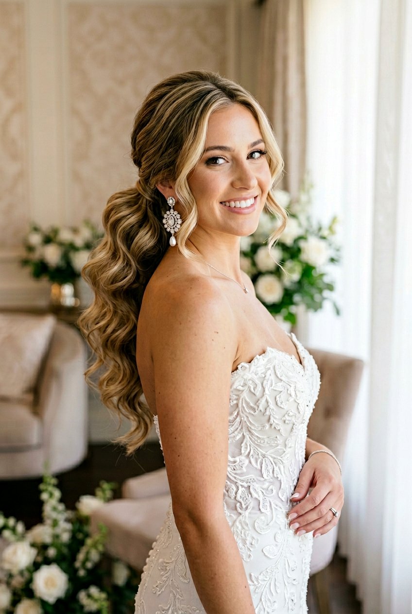 Side Swept Curly Ponytail - 20 modern bridal ponytail with curls - 20 modern bridal ponytail with curls