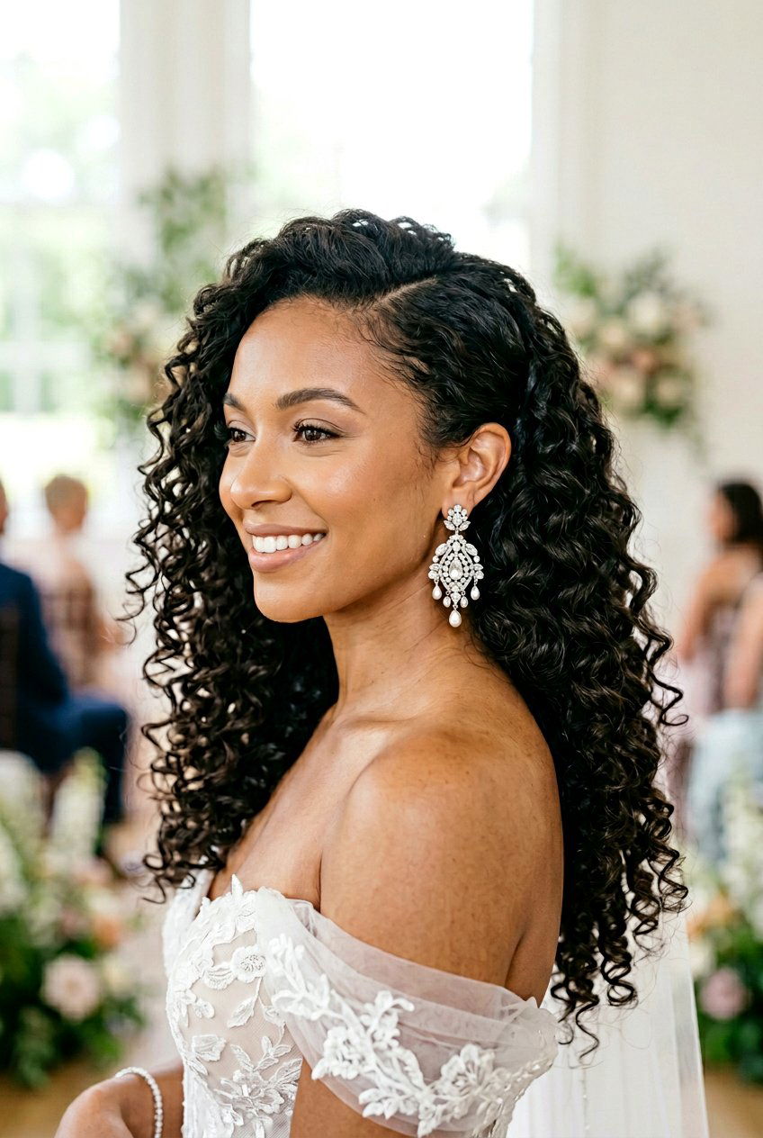 Side Swept Curly Wedding Hair - 20 wedding hairstyles for curly natural hair - 20 wedding hairstyles for curly natural hair
