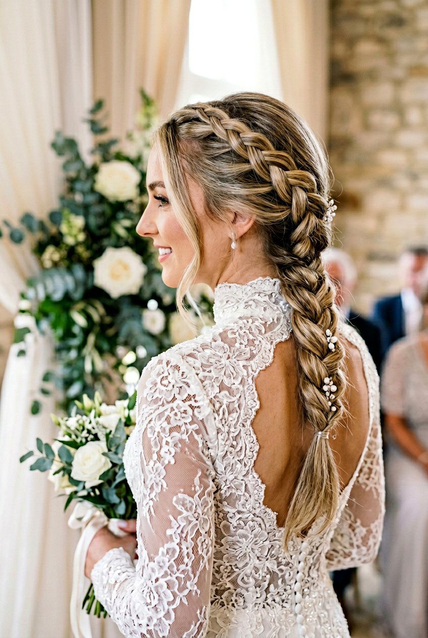 Side Swept Dutch Braid - 20 bridal hairstyle with romantic braid - 20 bridal hairstyle with romantic braid