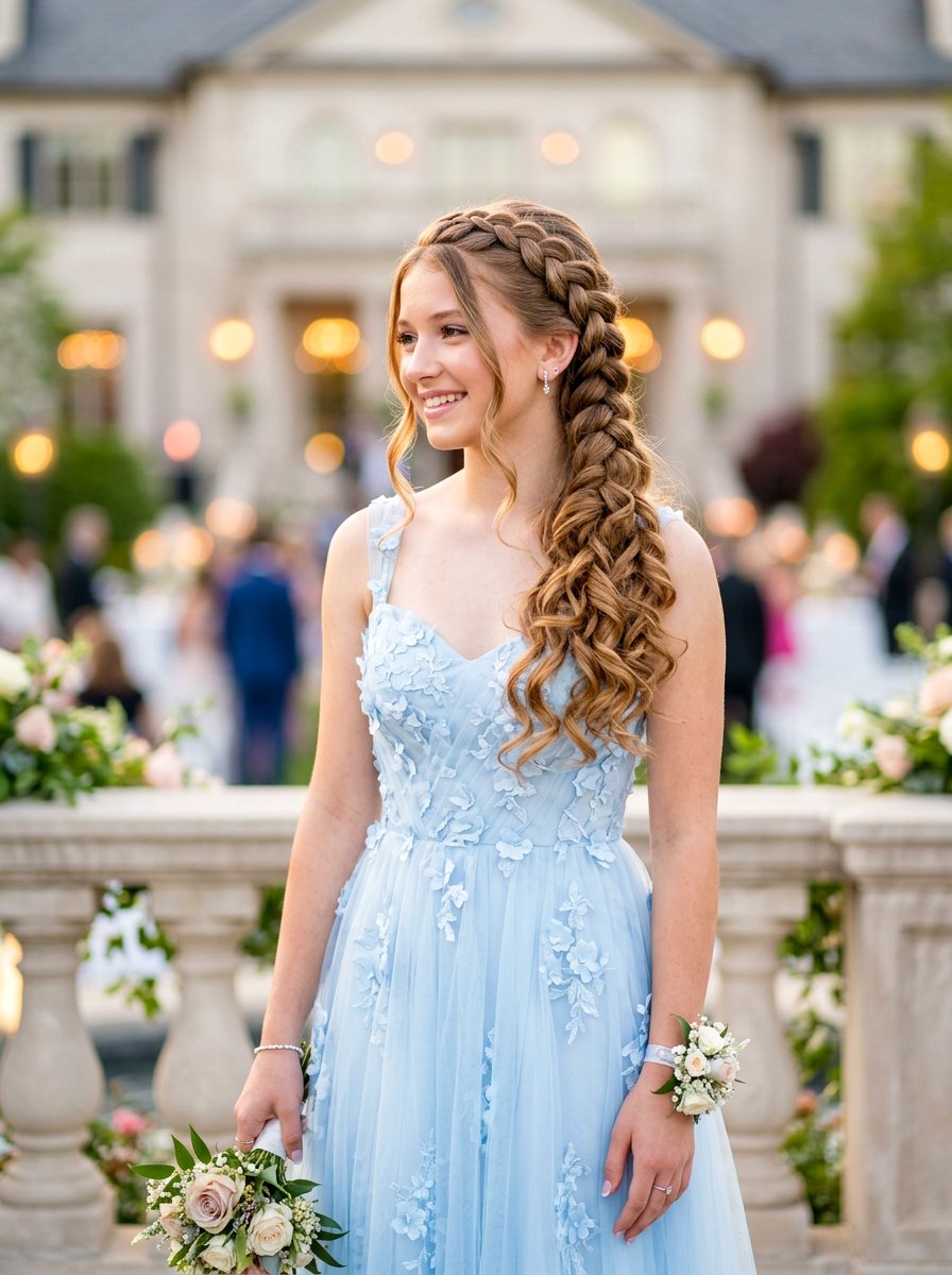 Side Swept Dutch Braid with Curls - 20 teen girls hairstyle ideas for prom - 20 teen girls hairstyle ideas for prom