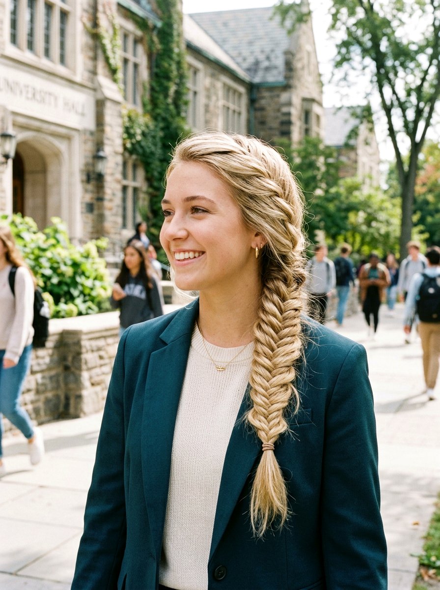 Side Swept Fishtail Braid - 20 college girls polished internship hairstyle - 20 college girls polished internship hairstyle