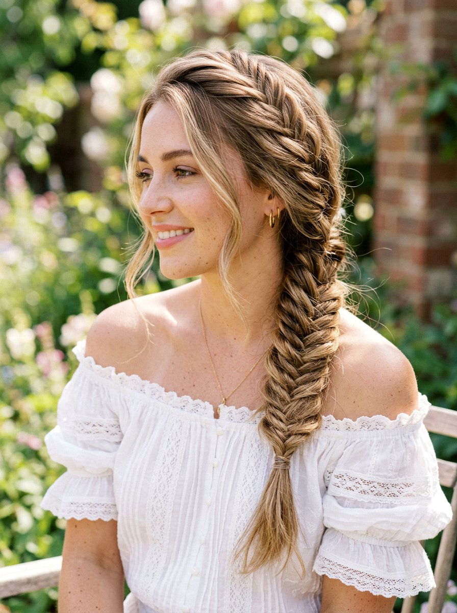 Side Swept Fishtail Braid - 20 vacation hairstyle for long curls - 20 vacation hairstyle for long curls
