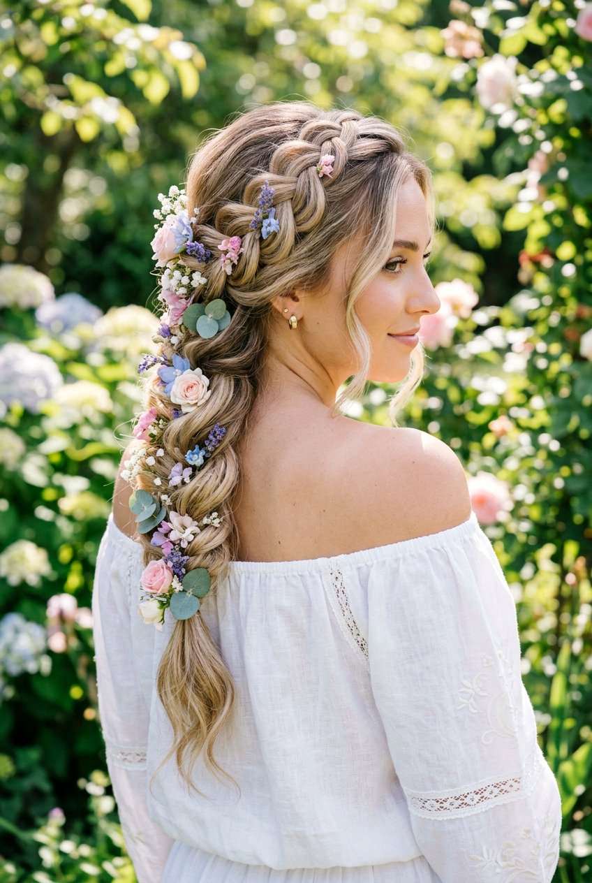 Side Swept Floral Braid - 20 floral braid hairstyle - 20 floral braid hairstyle