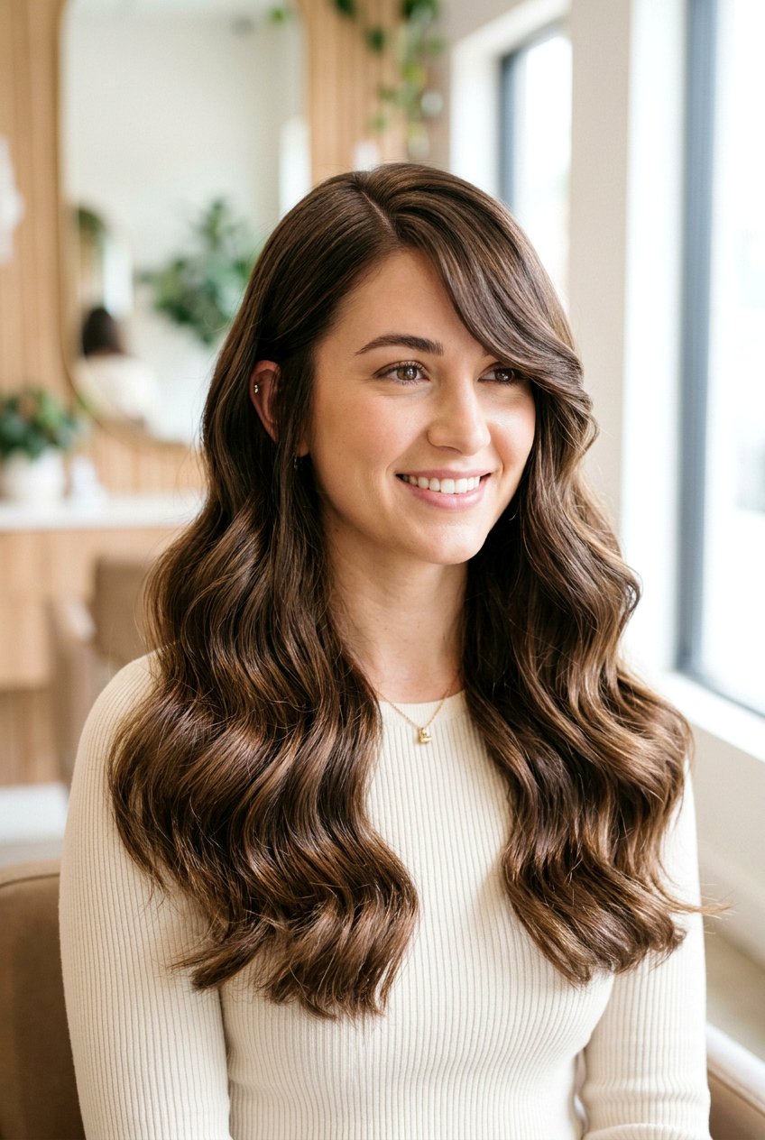 Side Swept Fringe Long Waves - 20 hairstyles for heart shaped faces - 20 hairstyles for heart shaped faces