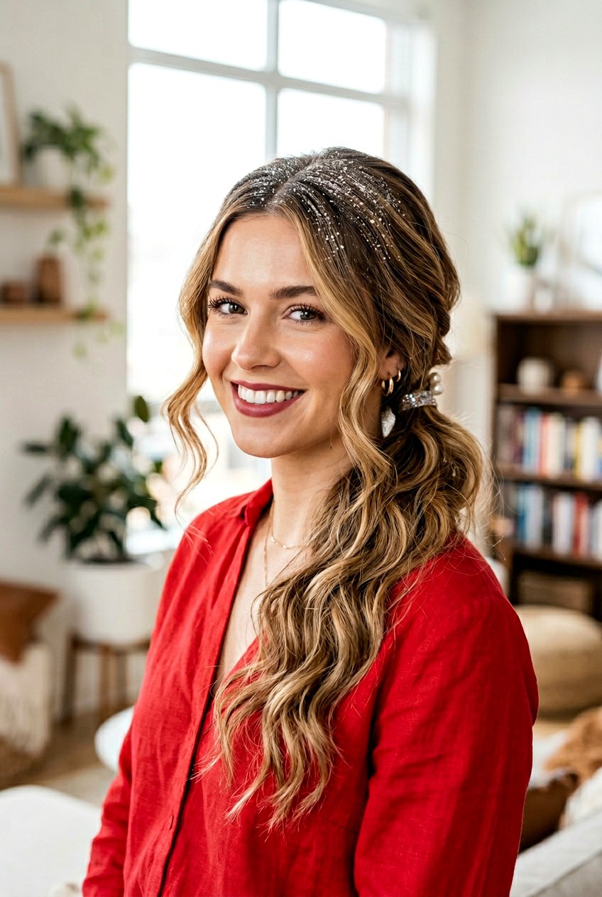 Side Swept Glitter Ponytail - 20 birthday hairstyle with glitter ponytail - 20 birthday hairstyle with glitter ponytail