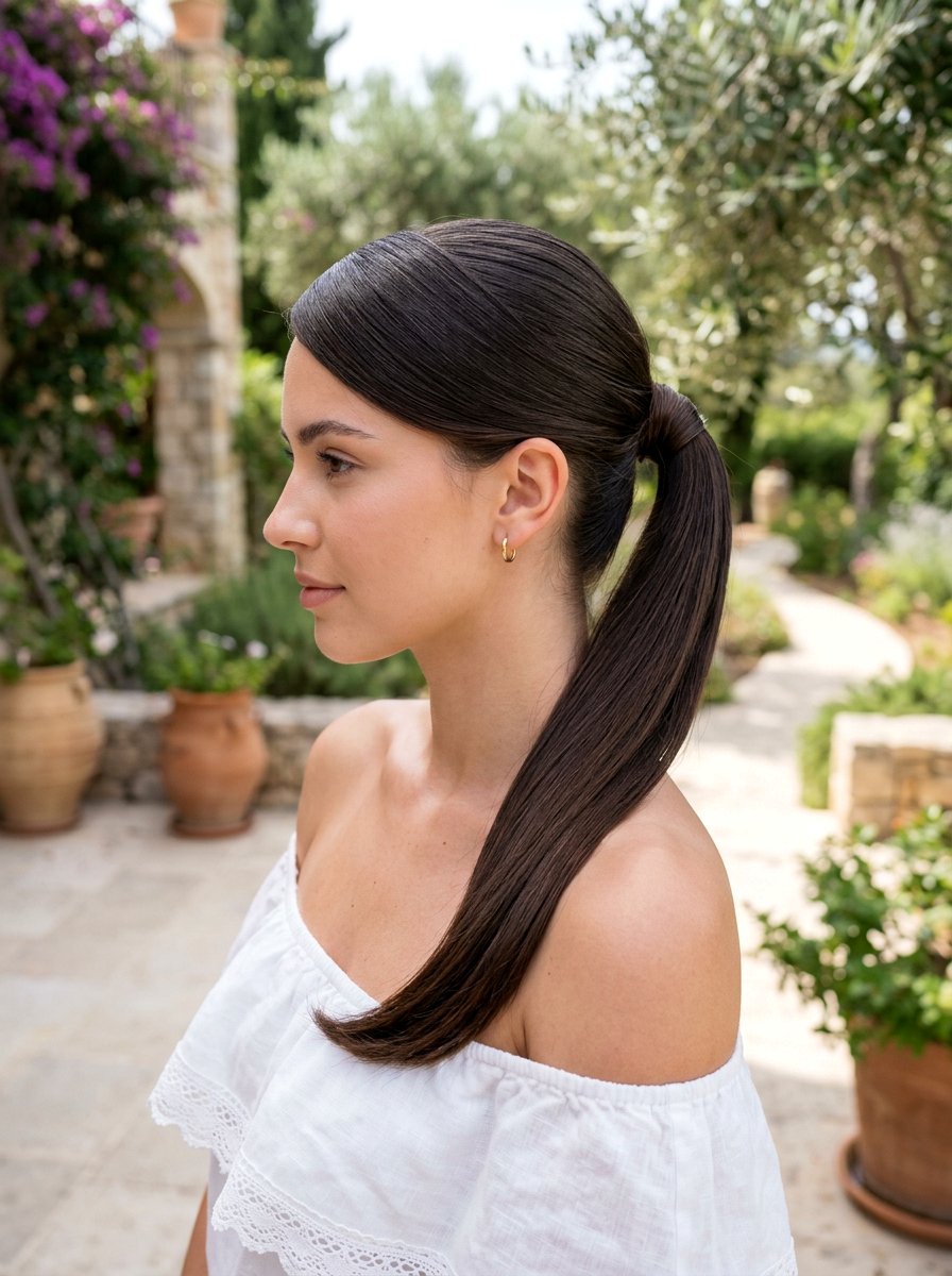 Side Swept Glossy Straight Ponytail - 20 glossy straight ponytail hairstyle - 20 glossy straight ponytail hairstyle