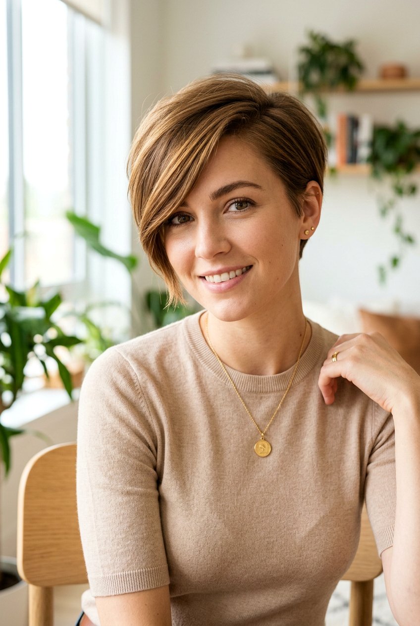 Side Swept Golden Brown Pixie - 20 classic pixie for mature women - 20 classic pixie for mature women