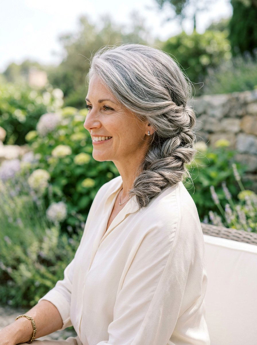 Side Swept Gray Chignon - 20 elegant gray chignon hairstyle - 20 elegant gray chignon hairstyle
