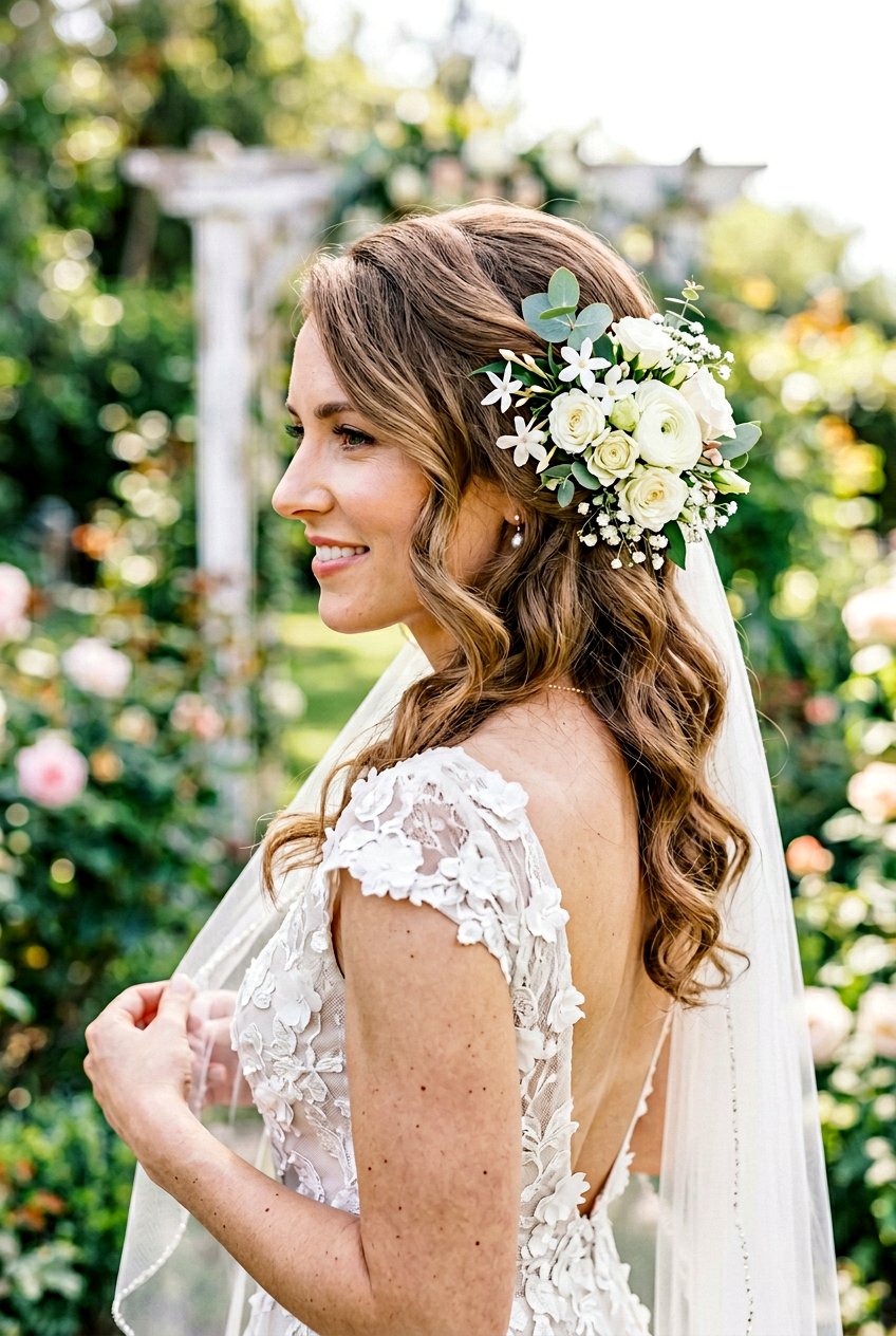 Side Swept Hair With Fresh Flowers - 20 bridal hairstyles with fresh flowers - 20 bridal hairstyles with fresh flowers