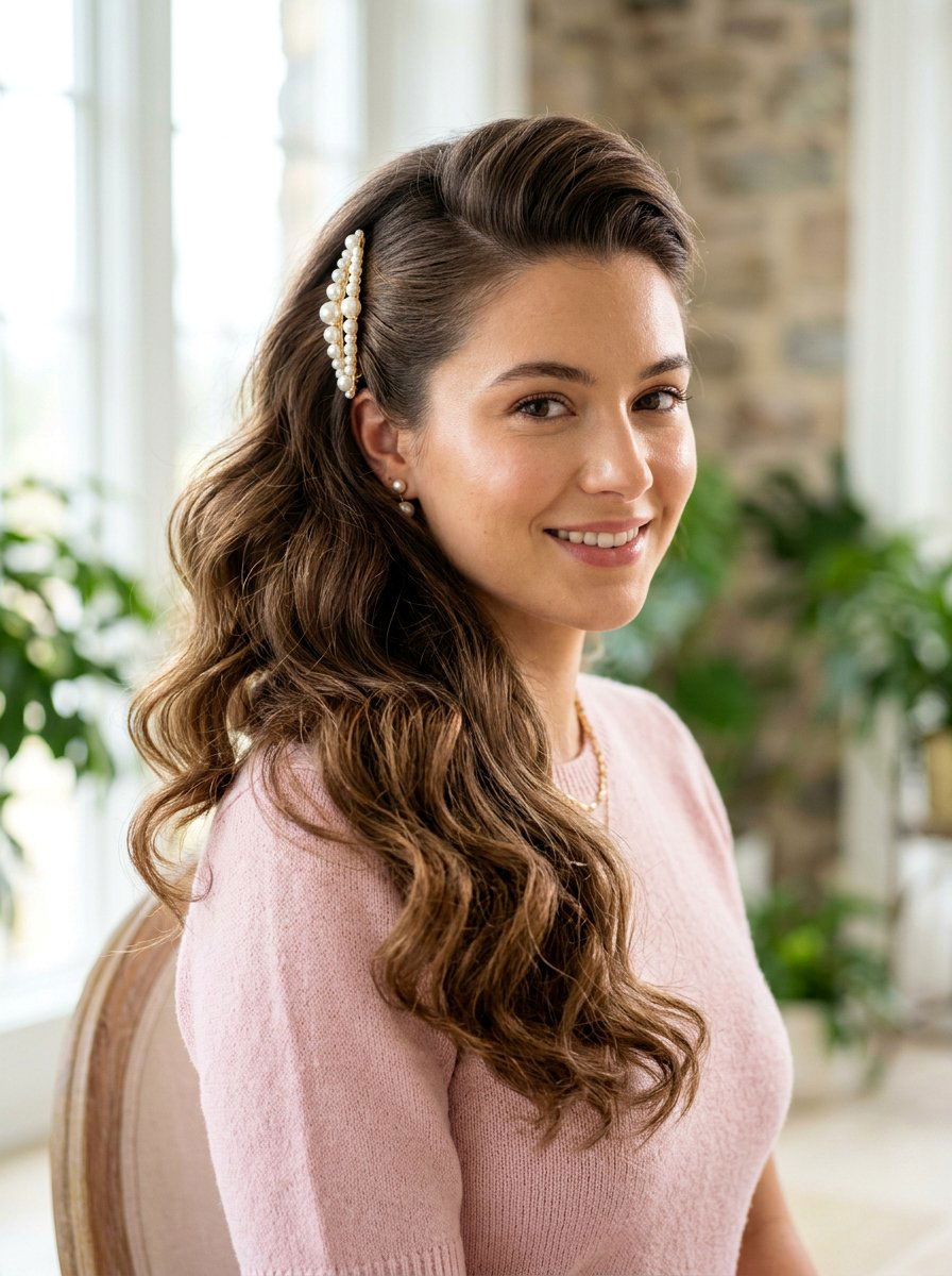 Side Swept Hair With Pearl Barrette - 20 office hairstyle with pearl barrette - 20 office hairstyle with pearl barrette