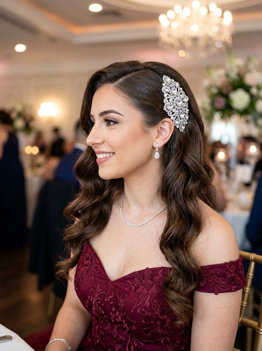 Side Swept Hair With Rhinestone Barrette - 20 prom hairstyles with rhinestone clips - 20 prom hairstyles with rhinestone clips