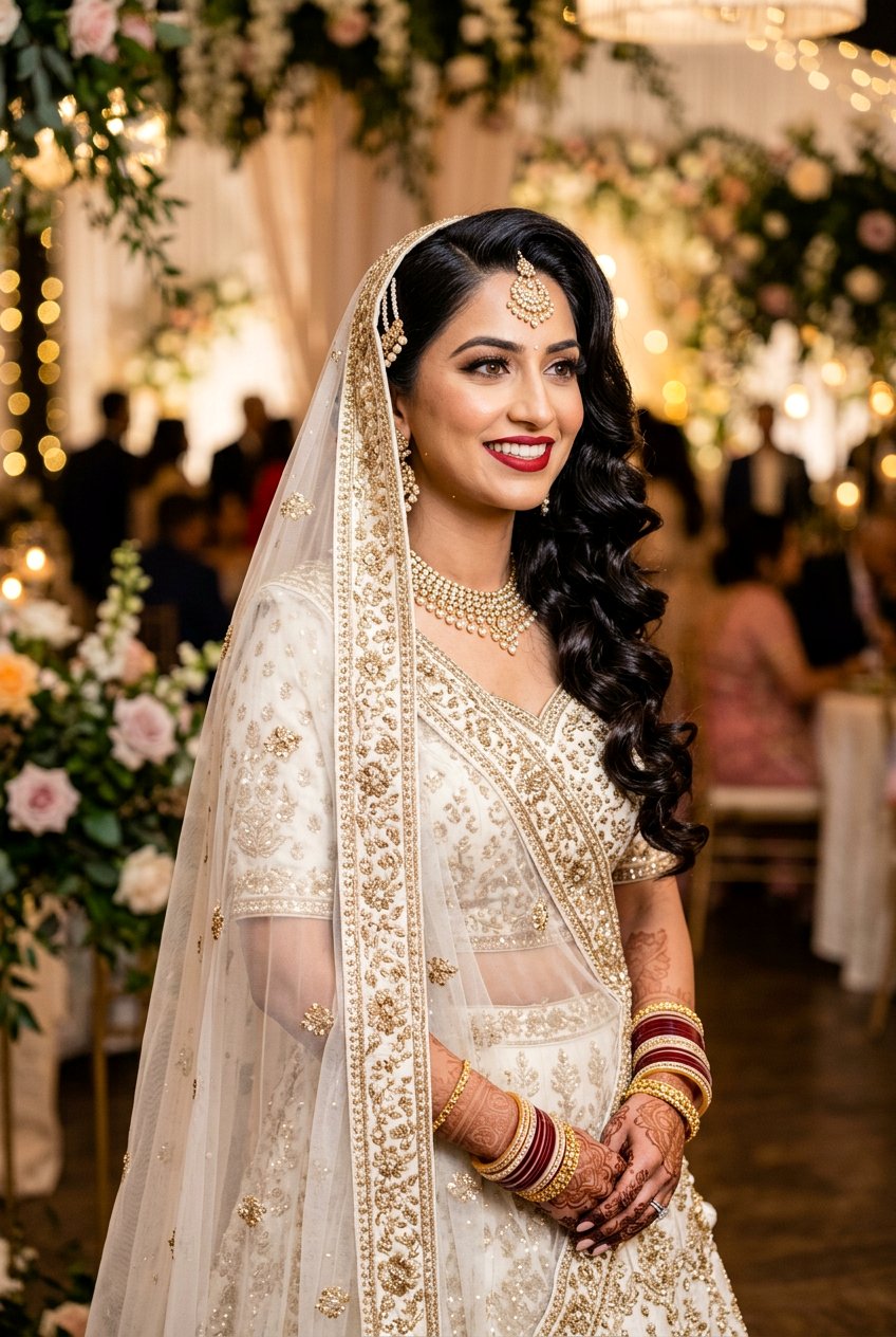 Side Swept Hollywood Waves With Veil Dupatta - 20 bridal hairstyles with dupatta - 20 bridal hairstyles with dupatta