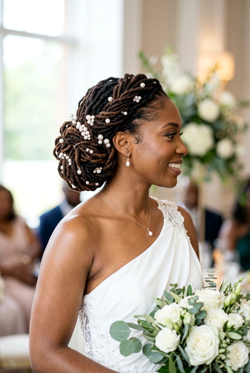 Side Swept Loc Bun with Pearls - 20 bridal loc bun with pearls - 20 bridal loc bun with pearls