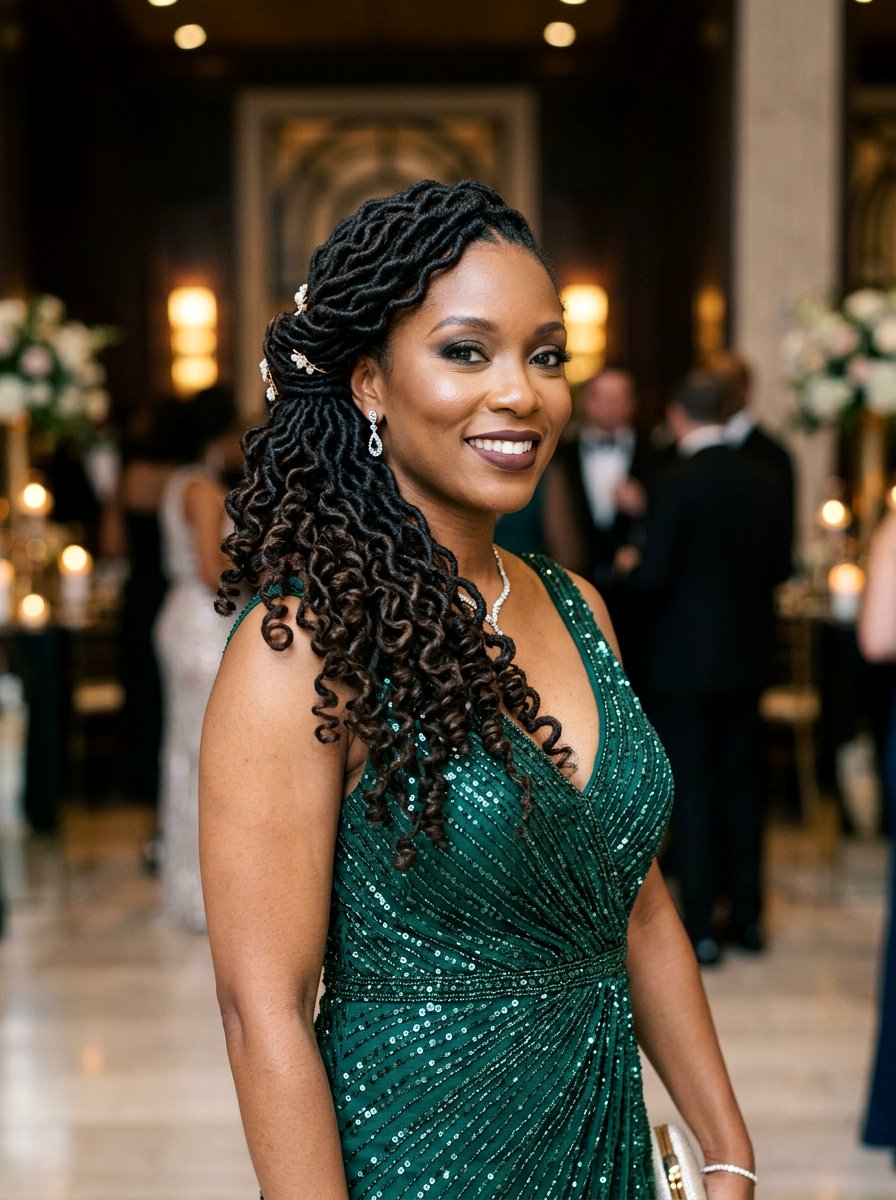 Side Swept Loc Curls - 20 prom loc styles for women - 20 prom loc styles for women