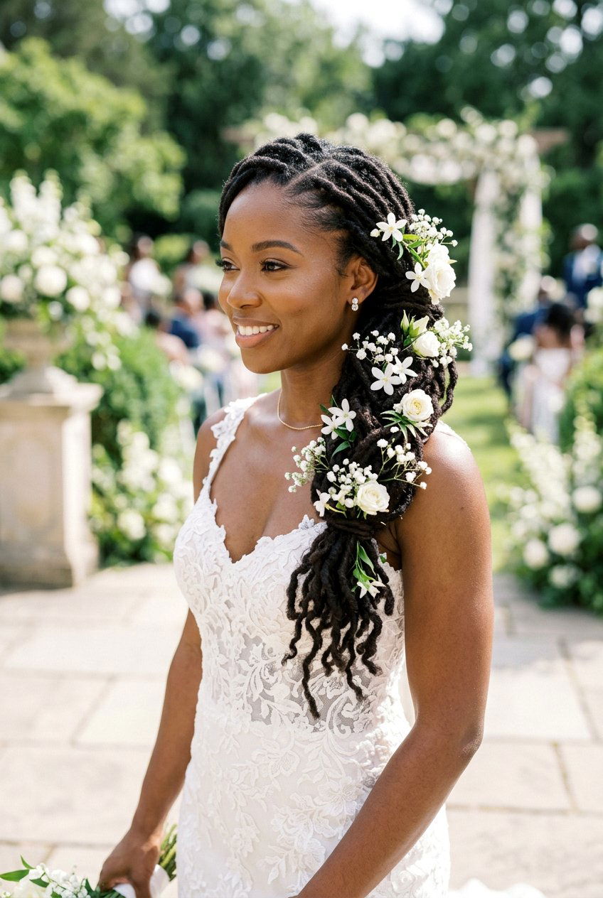Side Swept Loc Ponytail With Flowers - 20 bridal hairstyle for loc ponytail - 20 bridal hairstyle for loc ponytail
