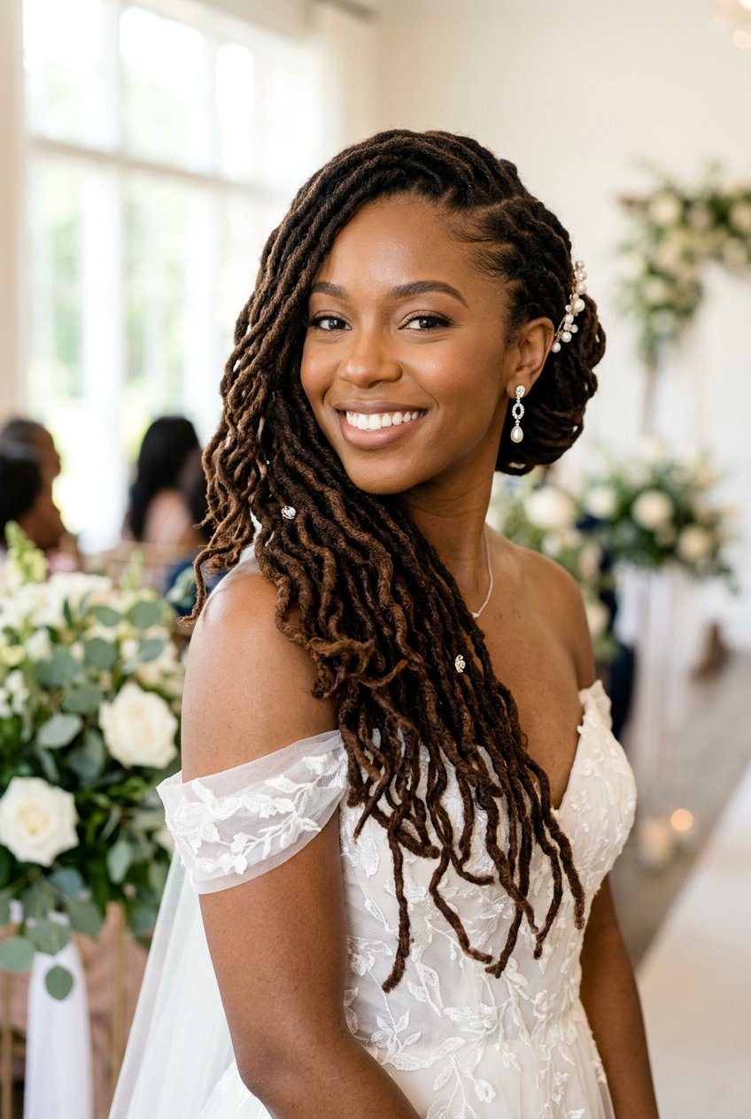Side Swept Locs For Wedding - 20 bridal loc styles