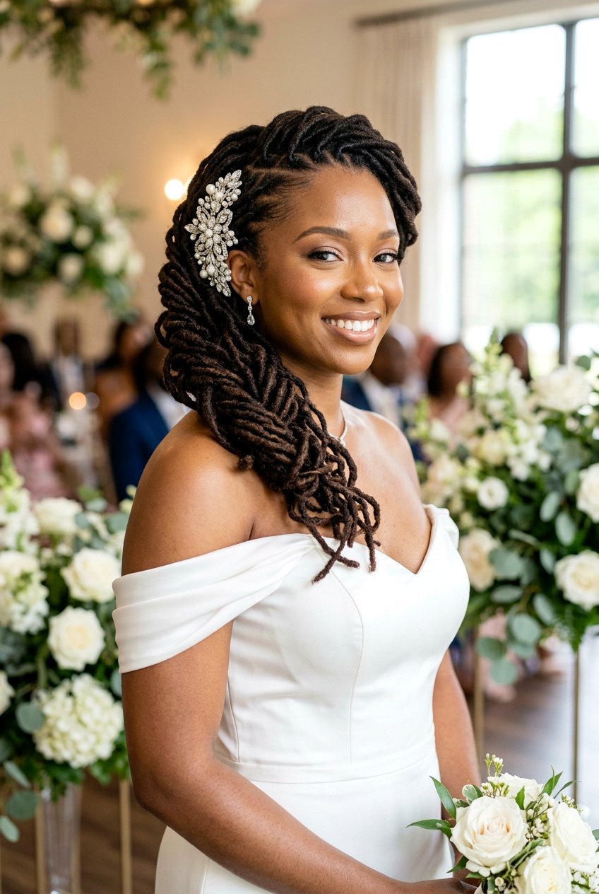 Side Swept Locs - 20 bridal loc updo styles - 20 bridal loc updo styles