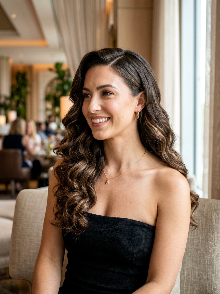 Side Swept Loose Curls - 20 vacation hairstyle for resort dinner - 20 vacation hairstyle for resort dinner