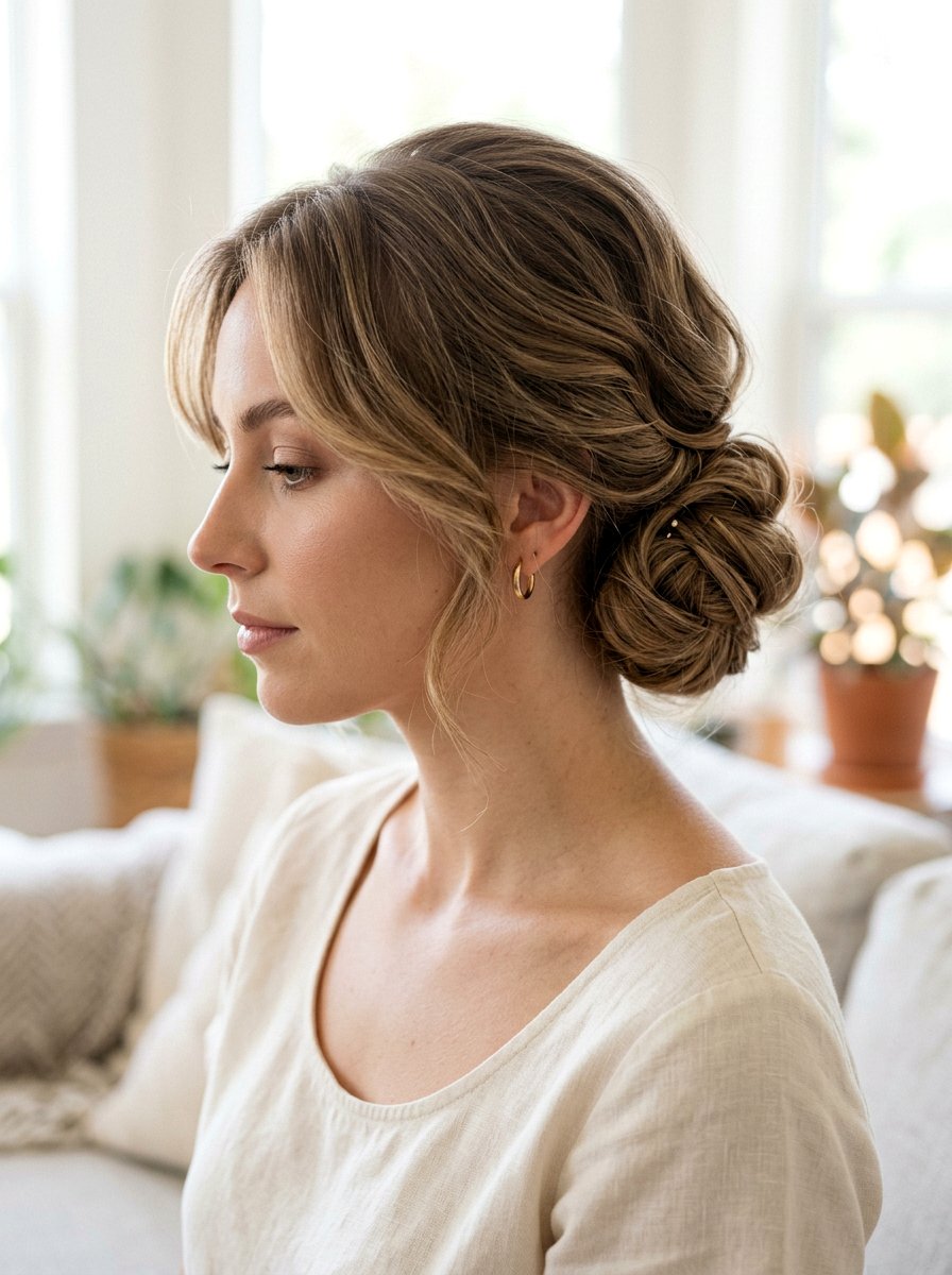 Side Swept Low Bun - 20 cute bun hairstyle ideas for work - 20 cute bun hairstyle ideas for work