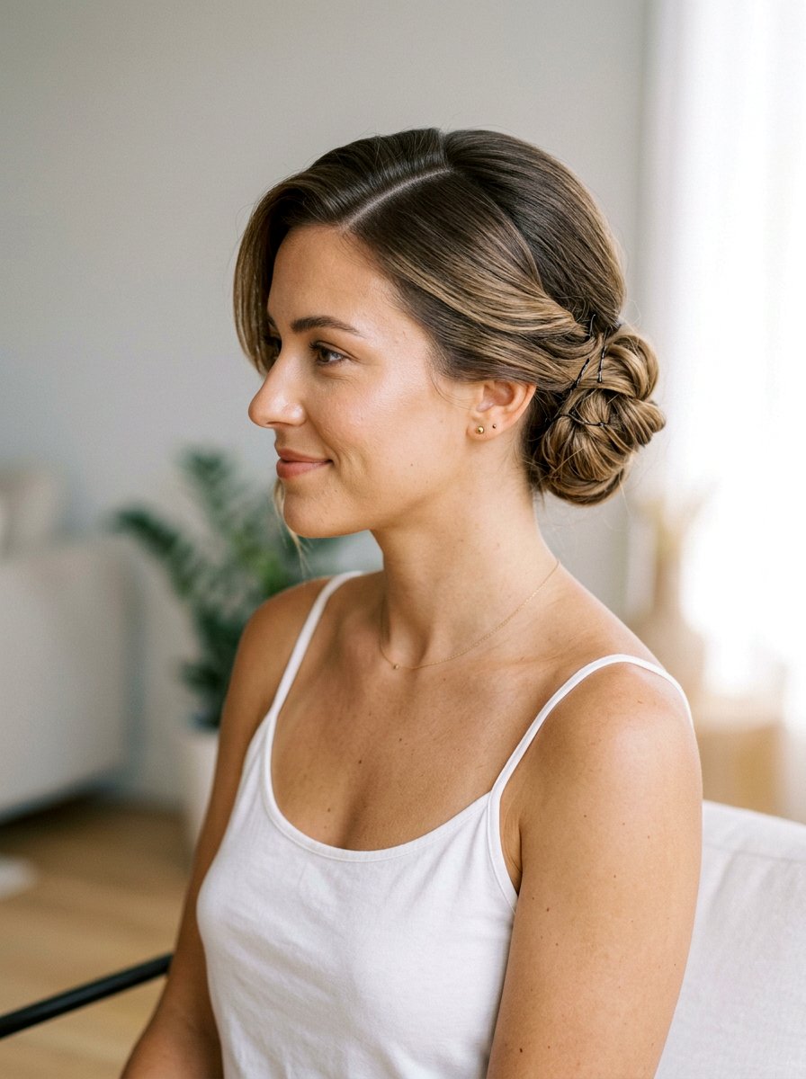 Side Swept Low Bun - 20 yoga hairstyle with low bun - 20 yoga hairstyle with low bun