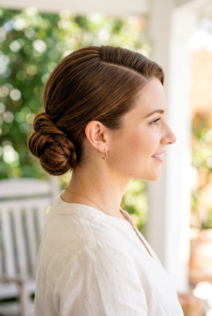 Side Swept Low Bun For Remote Work - 20 tidy hairstyles for work from home - 20 tidy hairstyles for work from home