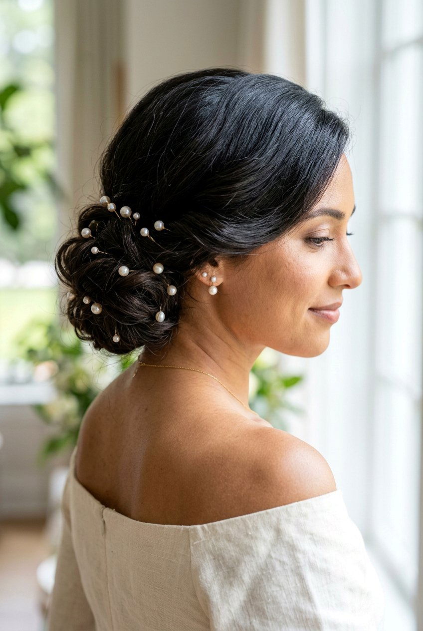 Side Swept Low Bun With Pearls - 20 birthday hairstyle with low bun and pearls - 20 birthday hairstyle with low bun and pearls