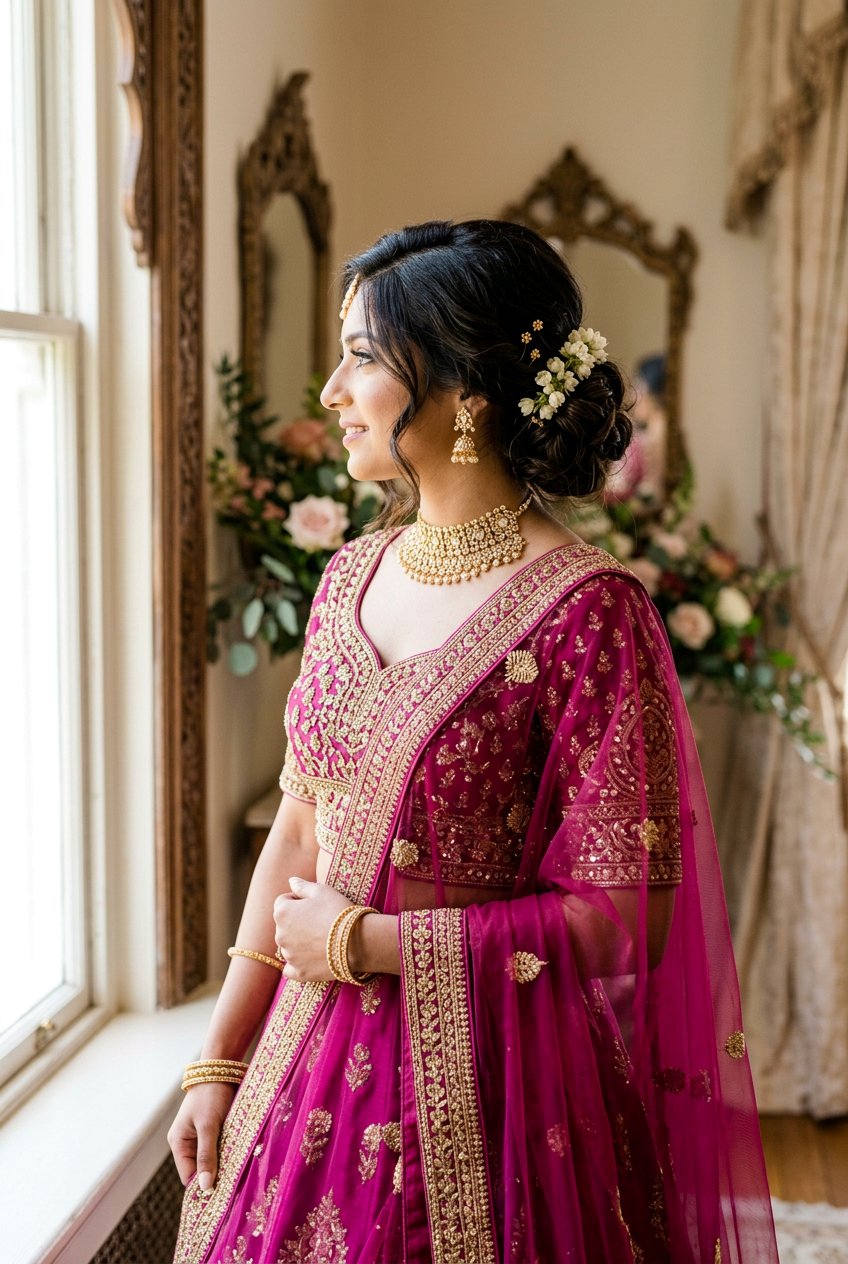 Side Swept Low Bun With Shoulder Dupatta - 20 bridal hairstyles with dupatta - 20 bridal hairstyles with dupatta