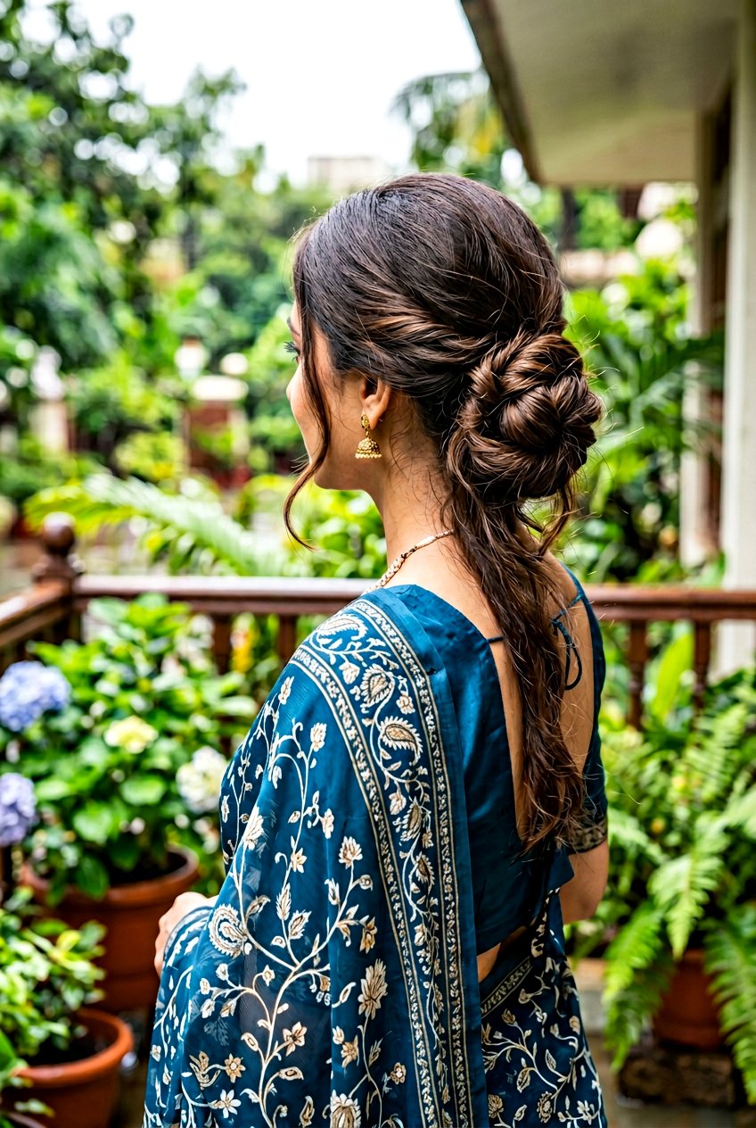 Side Swept Low Bun for Long Hair in Rain - 20 monsoon hairstyle for long hair - 20 monsoon hairstyle for long hair