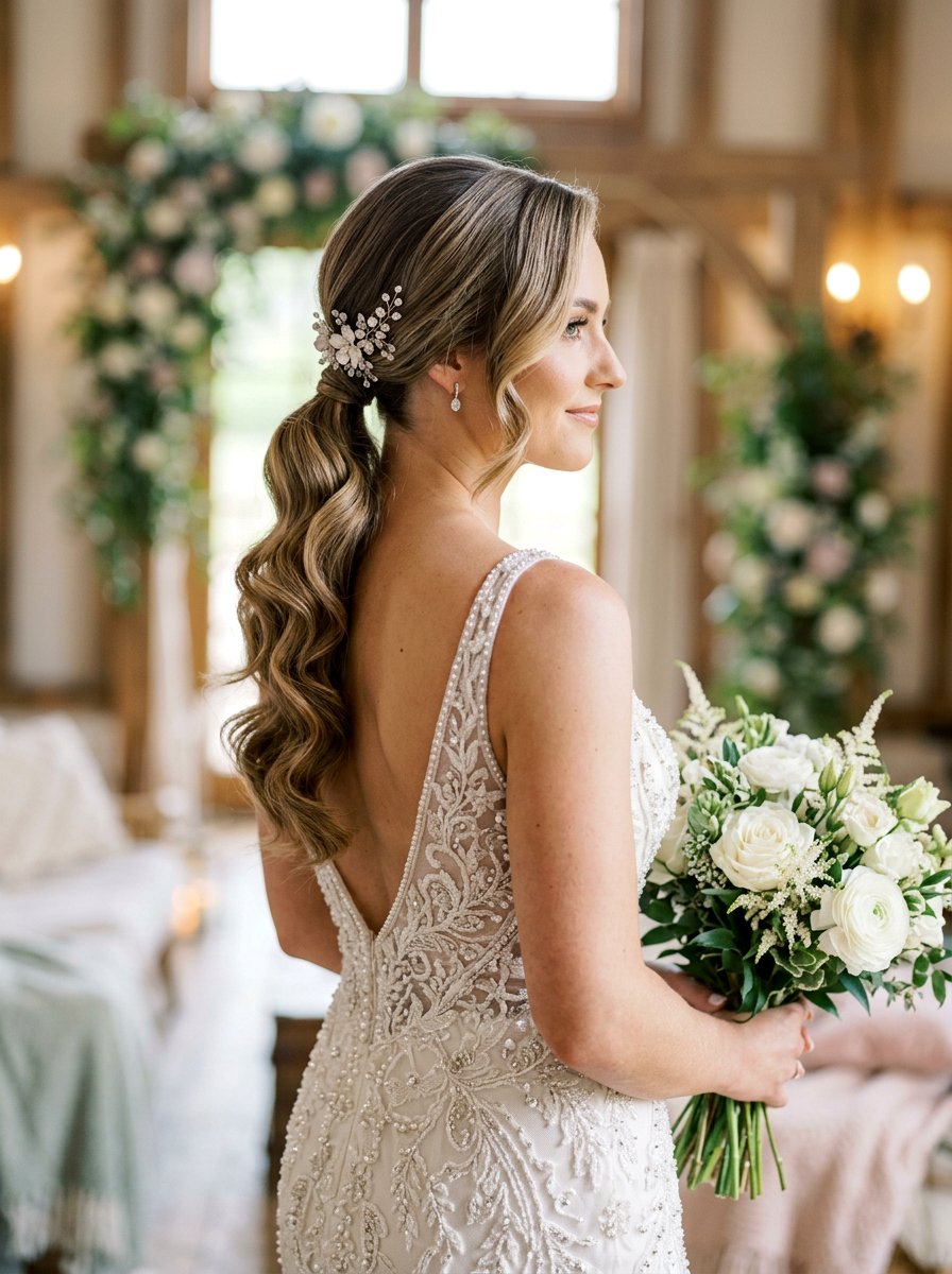 Side Swept Low Ponytail Wedding - 20 wedding hairstyles with low ponytail - 20 wedding hairstyles with low ponytail