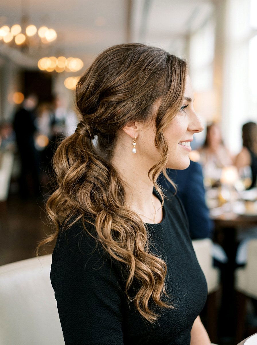 Side Swept Low Ponytail With Loose Curls - 20 soft glam hairstyle with ponytail - 20 soft glam hairstyle with ponytail
