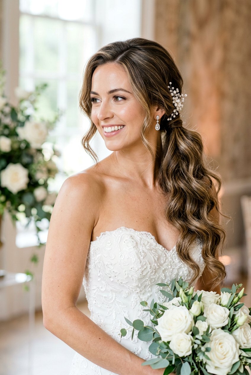 Side Swept Low Ponytail With Side Part - 20 bridal ponytail with side part - 20 bridal ponytail with side part