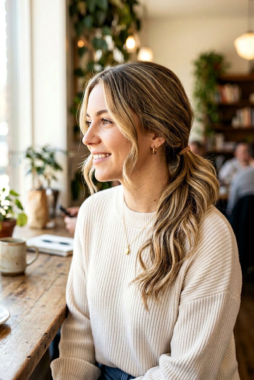 Side Swept Low Ponytail for Moms - 20 easy hairstyles for moms - 20 easy hairstyles for moms