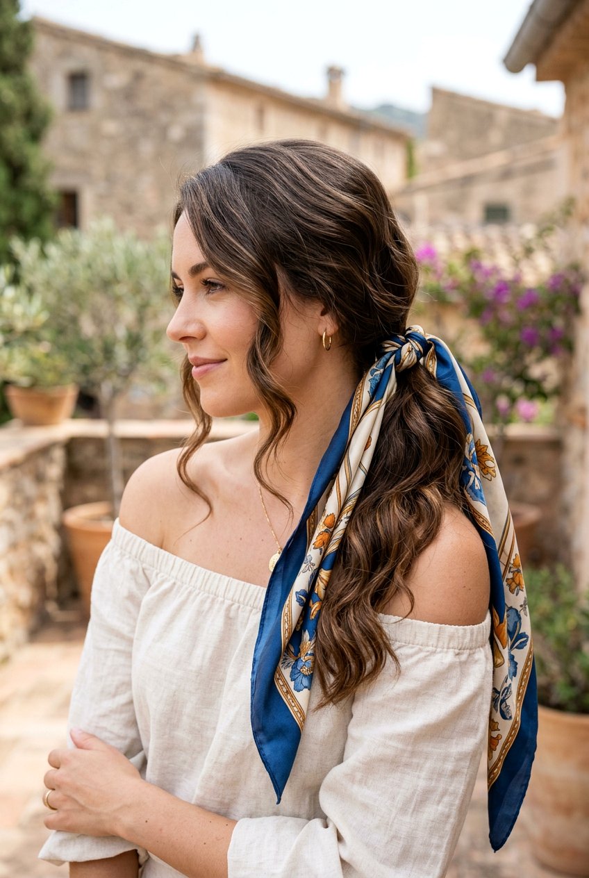 Side Swept Low Scarf Ponytail - 20 beach hairstyle with low scarf ponytail - 20 beach hairstyle with low scarf ponytail